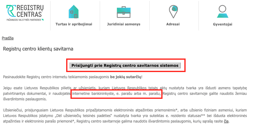 Prisijungimas prie Registrų centro elektroniniu parašu ar kitais metodais